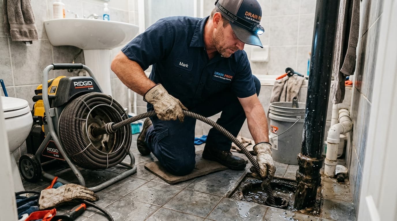 Professional drain clearing with cable equipment at a floor drain
