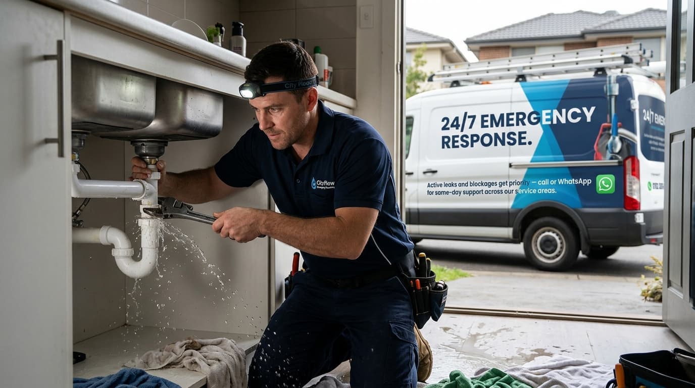 Emergency plumbing repair under a kitchen sink