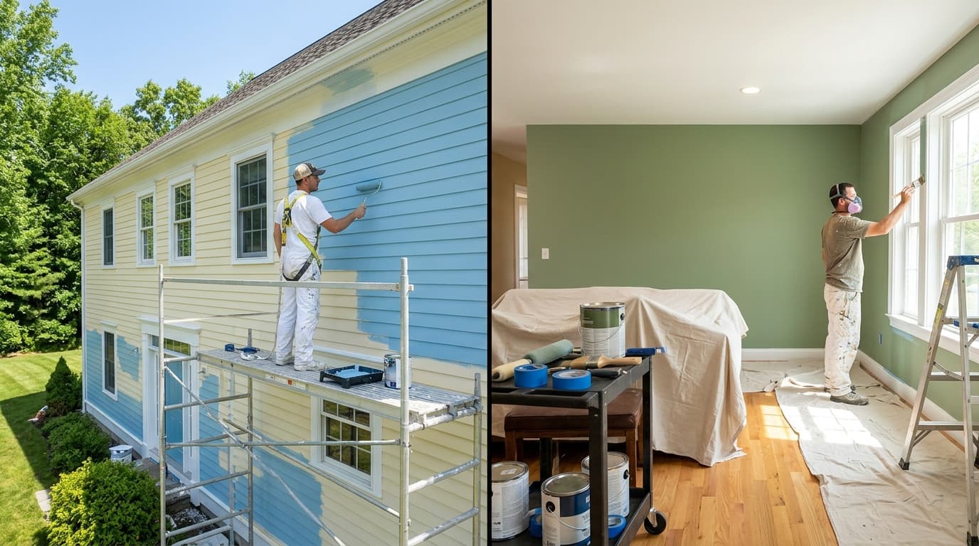 Interior and exterior painting — prep, rollers, and protected finishes