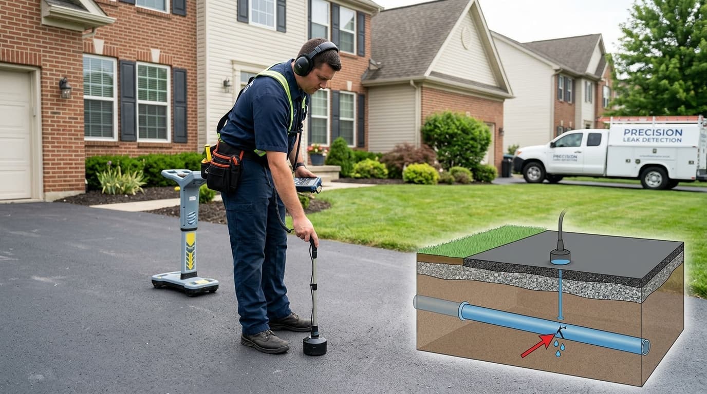Technician locating a concealed pipe leak with detection equipment