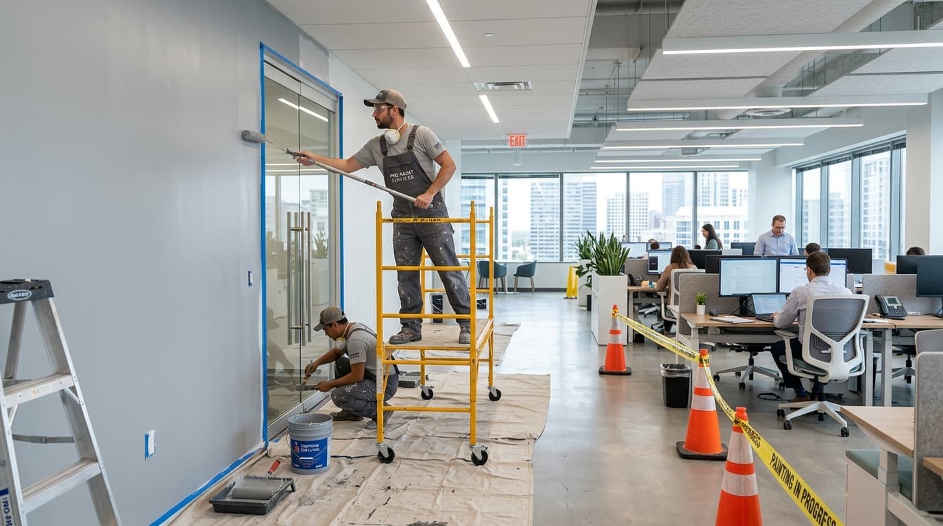 Commercial office painting in progress with crew and site protection