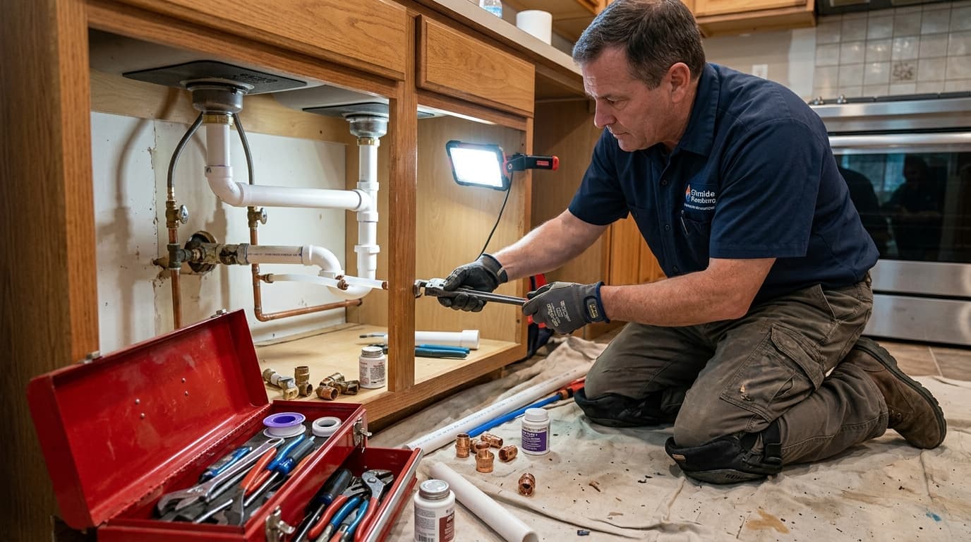 Plumber repairing pipework under a kitchen sink