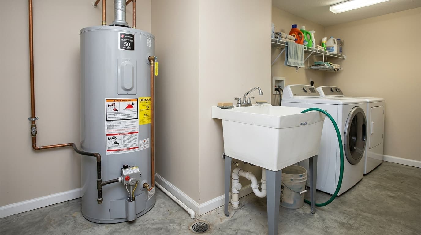 Water heater, utility sink, and laundry wet area
